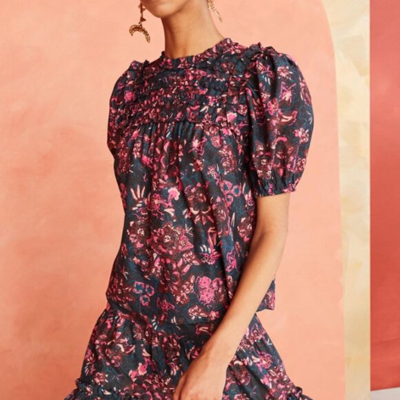 ULLA JOHNSON Midnight floral print Klea puff sleeve top - Picture 1 of 12